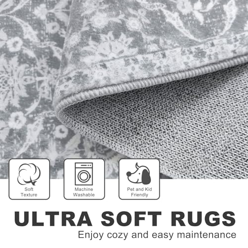 KILOCOCO 2x5 Runner Rug, Moroccan Super Soft Washable Hallway Entryway Runner Rug, Accent Print Faux Wool Kitchen Runner Rug 5 Feet Non-Slip Runners Boho Rug Runners for Bedroom, Silver Grey/Blue