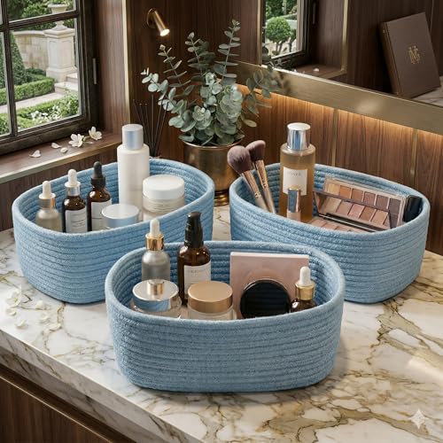 Image of 100% Natural Jute small box mini rope paper storage Round hamper baby nursery tray bucket for Living Kitchen, Office, Drawing Room,fruits, kitchen, office, Set of 3 (aqua 3 set)