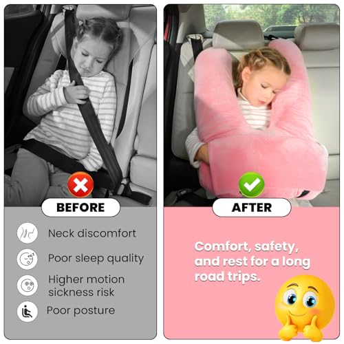 Image of Travel Pillow, Car Pillow for Kids & Adults, Kid Travel Sleeping Pillows for Neck & Body Support, Car Travel Essentials Pillow on Road Trips, Pink
