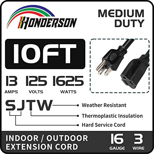 Honderson 10Ft Outdoor Extension Cord-16/3 Sjtw Durable Black Extension Cable With 3 Prong Grounded Plug For Safety #TOP1