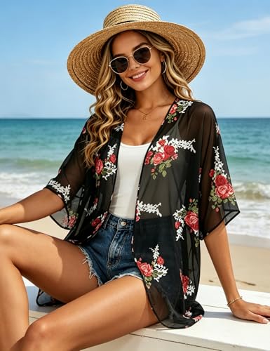 Image of FINOCEANS Womens Floral Chiffon Kimono Cardigans Loose Beach Cover Up Half Sleeve Tops