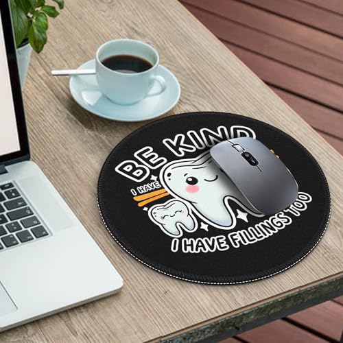 Image of Gctriki Cute Tooth Round Mouse Pad, Funny Dental Office Decor, Be Kind | Stitched Edge,Non-Slip Rubber Base, Black Mouse Pad for Gaming Laptop Computer, Cute Home Office Desk Accessories Decor