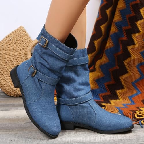 Denim Booties for Women Denim Round Toe Boots for Women with Buckle Casual Short Boot Pull On Low Heel Boots 6