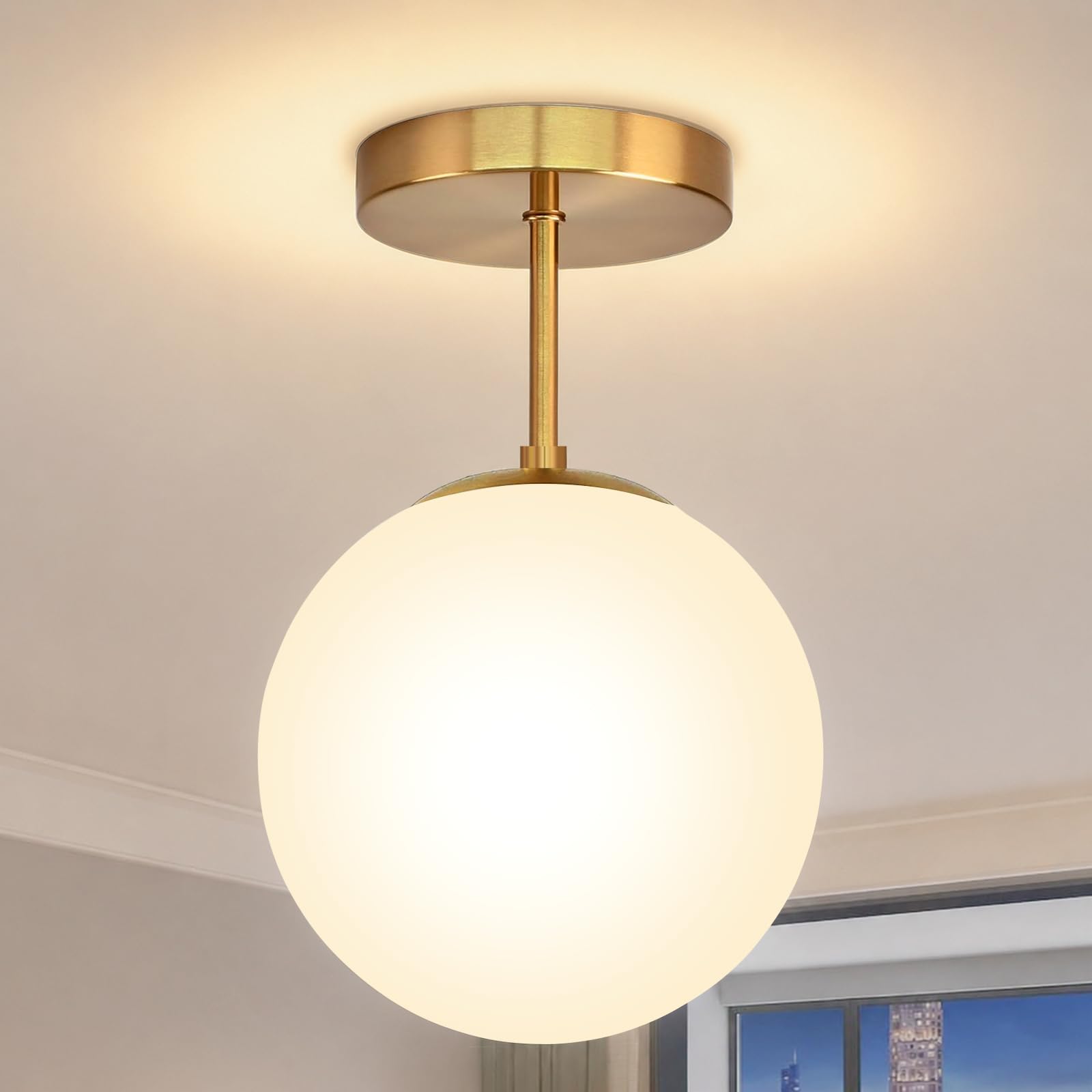 Lámpara de Techo Vintage Oro, E27 Plafón de Techo con Globo Vidrio Blanco | Lámpara Plafón de Baño IP44 Impermeable, Luz de Techo Retro para Cocina, Dormitorio y Pasillo, Ø 20cm (Bombilla Incluida)
