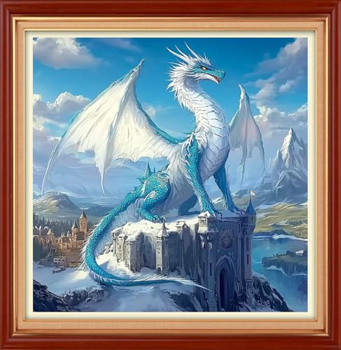 Image of Foxhool Stamped Cross Stitch Kits,11CT Printed Cross Stitch Pattern Full Embroidery Kits for Beginner Needlepoint Kits&Blue Wing Dragon Landscape 18x18 inch