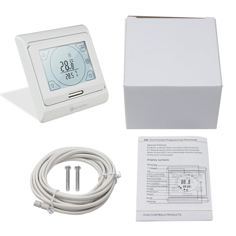 KETOTEK Thermostat Chauffage au Sol Electrique Programmable 16A avec Sonde, Numérique Thermostat d'ambiance Plancher Chauffant Régulateur Écran Tactile LCD