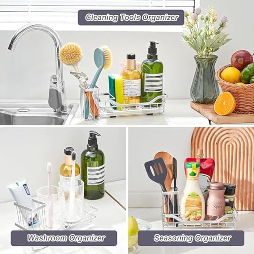 Image of BEHAHAI Sink Organiser, Stainless Steel, Wall Mount, with Brush Holder, Sponge Holder Cup, Drain Tray, Silver, for Kitchen and Washroom.