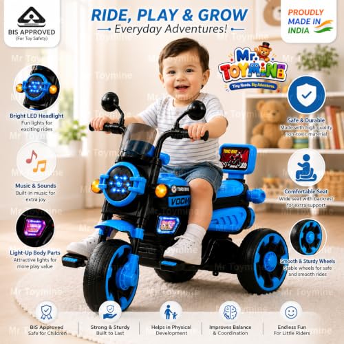 Image of TORQ Bike Pedal Tricycle for Kids Toddler Trike Headlight, Music, Curved Seat and Backrest Push Along Pedal Trike for 2 Years to 4 Years | Full Body LED| Blue | TOYMINE