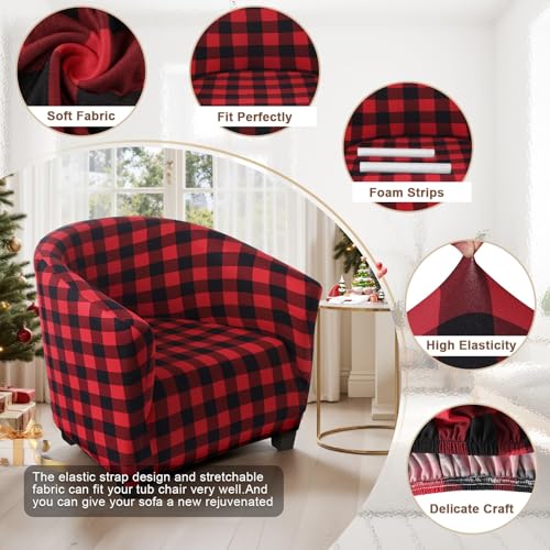Image of SearchI Christmas Club Chair Slipcover Stretch Barrel Chair Covers Xmas Tub Chair Slipcovers Spandex Armchair Cover Removable Couch Furniture Protector Arm Chair Cover for Living Room(Black /Red Plaid)