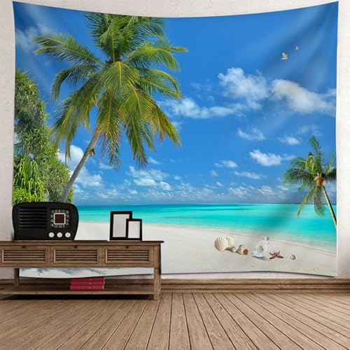 Tenture murale paysage plage cocotiers coquillages 130x150cm