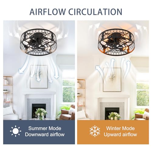 Image of Garwarm 19.6in Caged Ceiling Fan with Light, Bladeless Black Fandelier Ceiling Fans with Lights, Industrial Farmhouse Samll Fan Lights Ceiling Fixtures for Kitchen, Bedroom（6 Speed, Timing）-Black