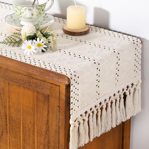 Socomi Boho Table Runner Summer Farmhouse Rustic Dining Kitchen Centerpiece Decor Small Macrame Woven Cotton Linen Coffee Table Runner for Dresser Scarf Home Decor 12x36 inch Cream Ivory