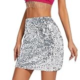 Zando Silver Sequin Skirt for Women -Sparkly Glitter Sparkle Sequence Metallic Stretchy Bodycon Mini Skirts for Disco, Night Out, Club, Party Silver Grey Small
