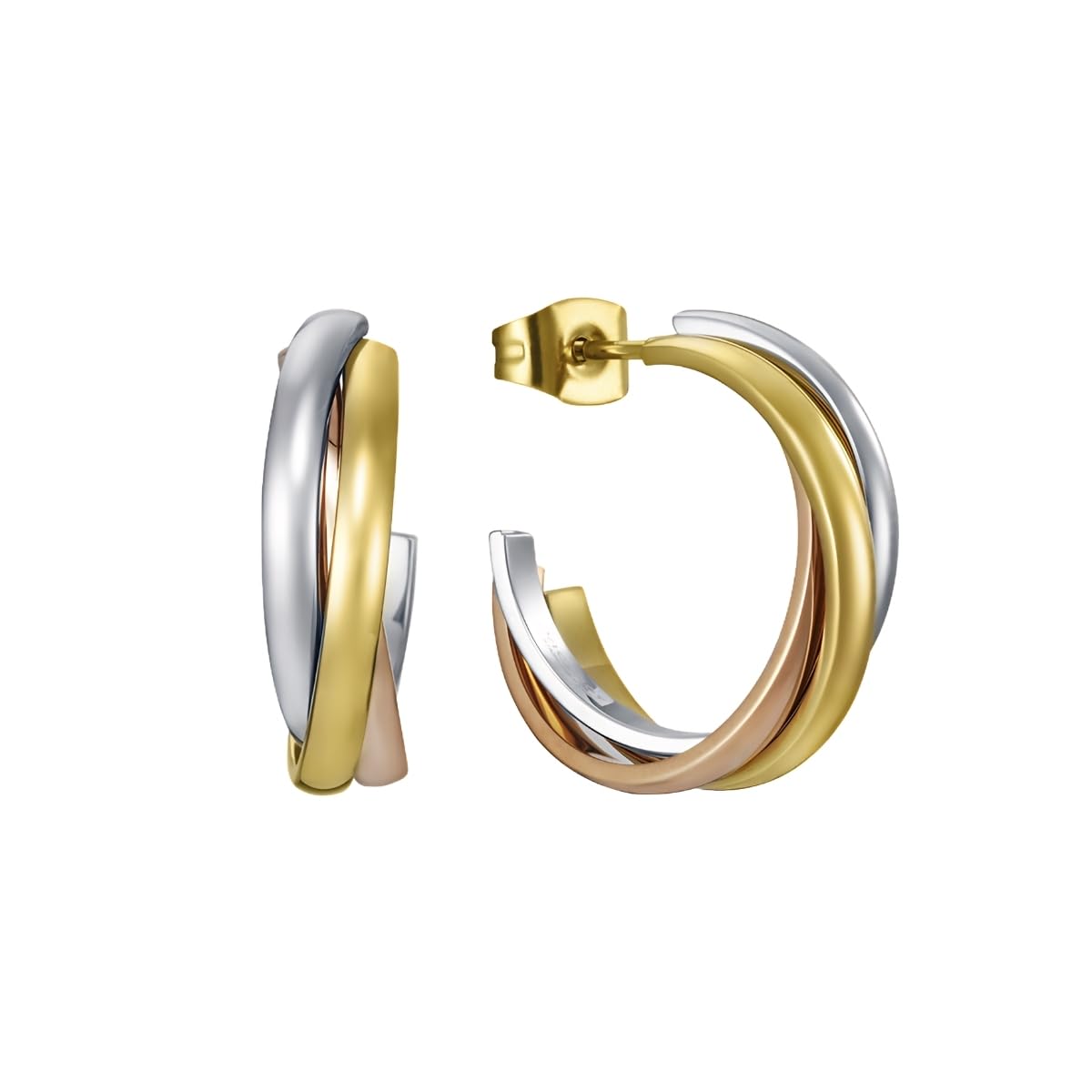 Viceroy Pendientes Air para Mujer de Acero Inoxidable en Tres Tonos - Diseño de Aros Entrelazados - Combinación Plata, Dorado y Rosado