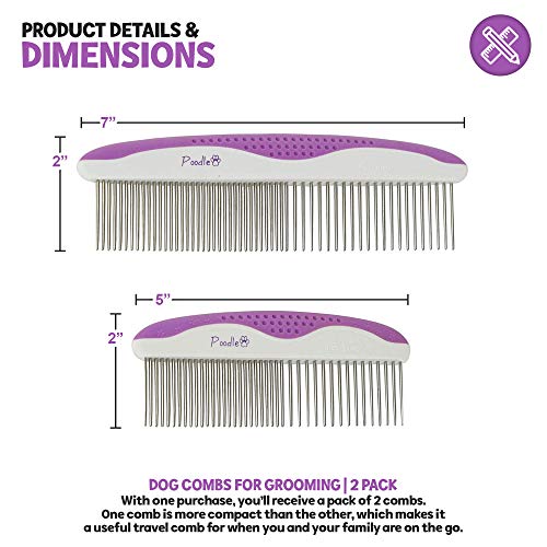 Poodle Pet Dog Combs For Grooming | 2 Pack | Stainless Steel Teeth Easily Remove Dirt | Proper Care Prevents Knots And Mats For Long And Short Haired Pets |Anti-Slip Comfort Grip Handle| Purple #TOP1