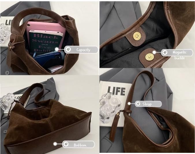 Image of Suede Bag Suede Tote Bag Brown Suede Shouder Purse Work Hobo Handbags Fall Aesthetics