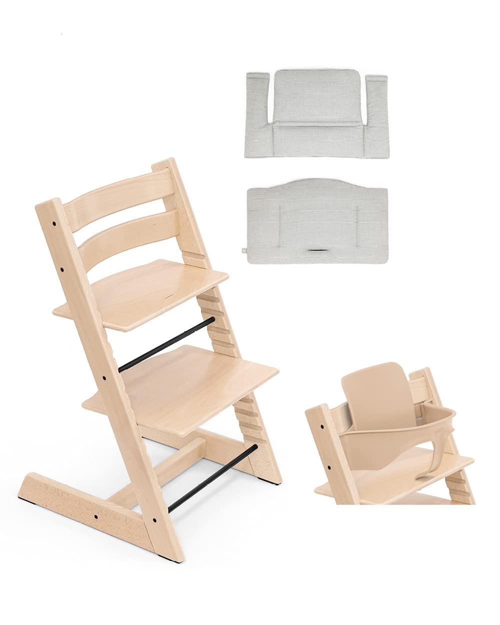 Tripp Trapp Bundle Chaise haute avec coussin classique Gris nordique OCS et set bébé inclus Couleur naturelle