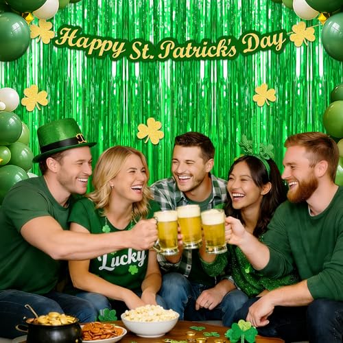 Image of Crosize 3 Pack 3.3 x 9.9 ft Green Foil Fringe Backdrop Curtain, Streamer Backdrop Curtains, Streamers Birthday Party Decorations, Tinsel Curtain for Parties, Galentines Decor, Preppy, Photo Booth