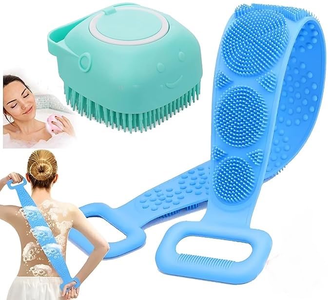 Sarthu Combo Pack of 2: Silicone Body Back Scrubber & Silicone Brush with Shower Gel Dispenser – Exfoliating, Deep Cleaning, and Massage Bathing Tools(Multi color pack of 2)