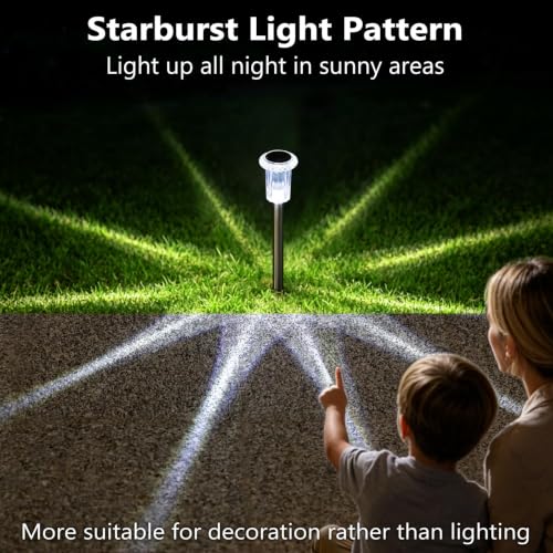 Image of DenicMic Solar Pathway Lights Outdoor Waterproof Cold White LED 15 Pack | Yard Garden Driveway Walkway Landscape Path Lights, Starburst Pattern, Acrylic Diamond-like Lampshade Stainless Steel Pole