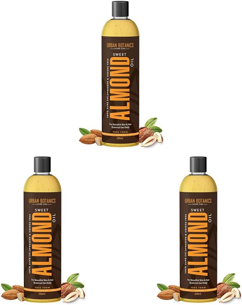 UrbanBotanics® Pure Cold Pressed Sweet Almond Oil for Hair and Skin, 200ml (Odorless) (Pack of 3)