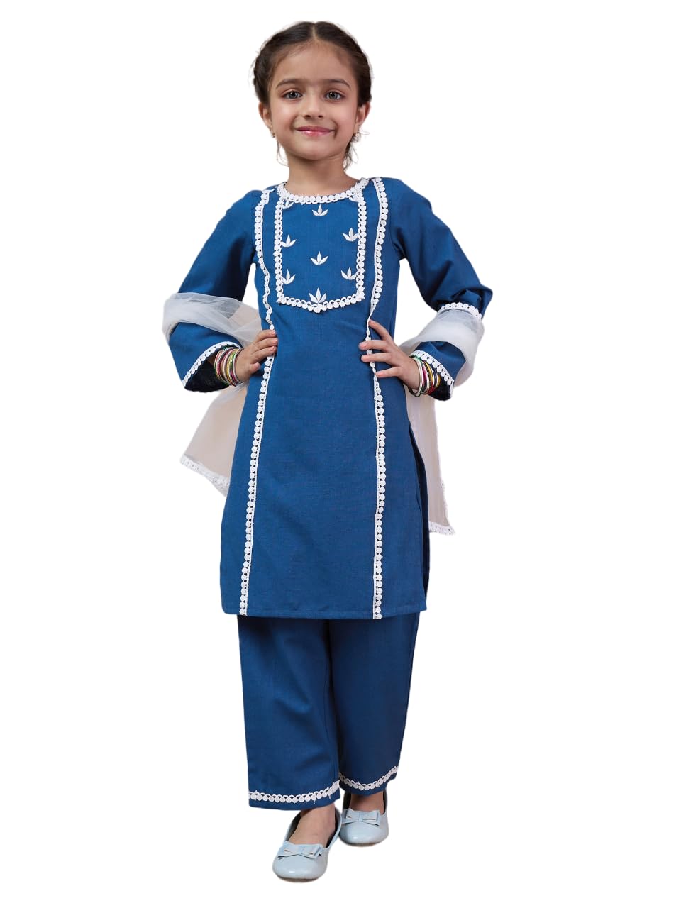 Pspeaches Girl's Cotton Regular Kurta Set (Ks-Blueemb-12-14Y_Blue