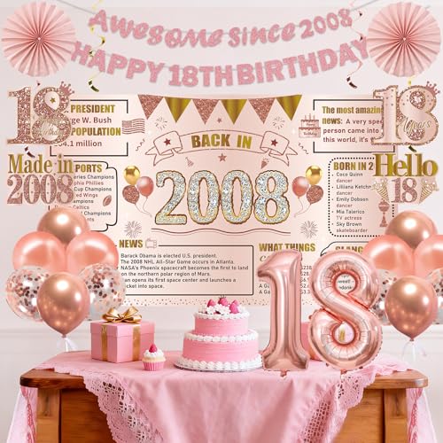 Image of Zirtorei 18th Birthday Decorations Kit for Girls Women, 22pcs Pink Rose Gold Happy 18th Birthday Balloons Banner Party Supplies, Awesome Since 2008 18 Year Bday Crown Sash Hanging Swirls Gifts