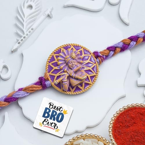 Image of eCraftIndia Purple Krishna Playing Flute Rakhi for Brother Bhaiya Bhai with Best Bro Ever Fridge Magnet | Roli Chawal Pack