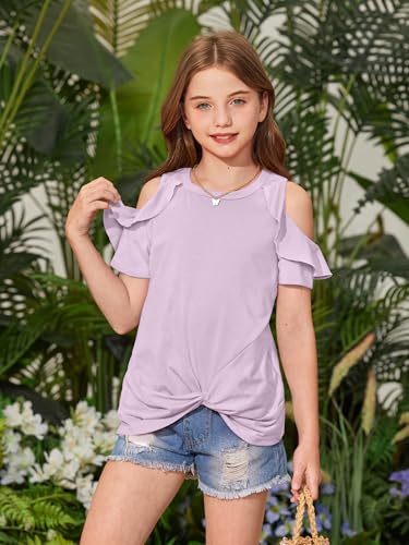 Image of BesserBay Girls Cold Shoulder Tops Twist Front Tunic Ruffle Sleeve Summer Blouses 5-14 Years