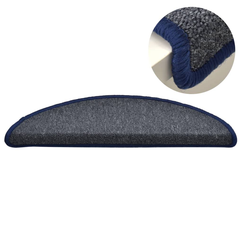 Lot de 15 tapis d'escalier - 56 x 17 x 3 cm - Gris foncé - Bleu - Semi-circulaires - Antidérapant - Lavable - Protection contre les marches et le bruit - Pour escaliers en bois, escaliers en