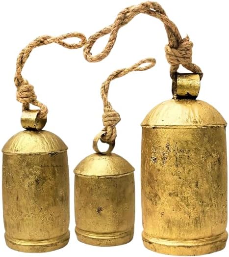 Decorative Cow Bells Set of 3 Large Harmony Bells - Vintage Giant Christmas Bells, Country Rustic Cowbell on Jute Rope XL Hanging Lucky Golden Bells (4"-6"-8")