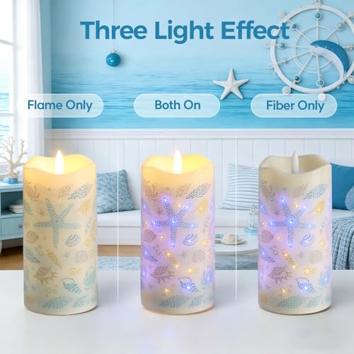 Image of Eywamage Ocean Fiber Optic LED Pillar Candles with Remote 3 Pack | Coastal theme, summer daily decor, 3 AA battery powered, remote timer function, Φ 3 inch H 6 inch, flickering realistic