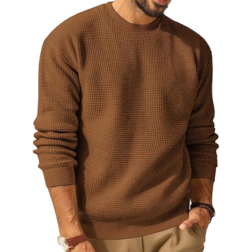 Men's Casual Waffle Pullover Knitted Sweaters Solid Round Neck Sweater Top Classic Long Sleeve Pullover Tops