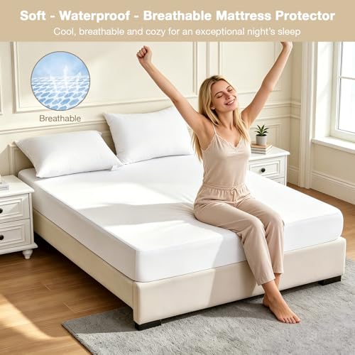 Image of King Size Mattress Protector Waterproof 2 Pack Washable Mattress Cover Breathable Fitted Bed Pad Noiseless Plastic Protection Up to 18 inch Mattress Protector Soft(White)