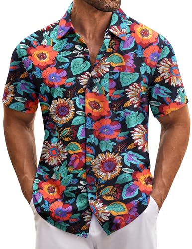 COOFANDY Hawaii Hemd Männer Kurzarm Sommer Button Down Hemden Herren Casual Strandhemd Blumenmuster Freizeithemden Mit Taschen