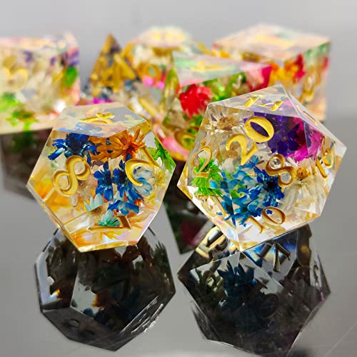 WZLHJRAR-DND-Dice-Set-7pcs-DD-Dungeons-and-Dragons-RPG-Polyhedron-with-Sharp-Edges-Resin-Dice-MTG-Pathfinder-Tabletop-Game-Collection-and-Gifts-D20-Black-Storage-Bag-Flower