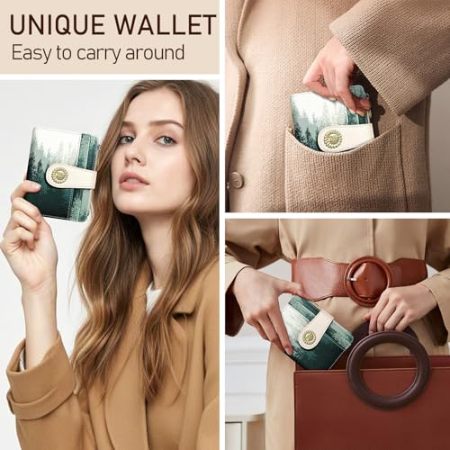 Image of Kelvoris Forest Tree Small Rfid Women Wallet Bifold Zipper Coin Pocket | PU Leather Compact Cash Credit Card Holder Travel Purse for Female Ladies Teen Girls 1 ID Window 10 Card Slots