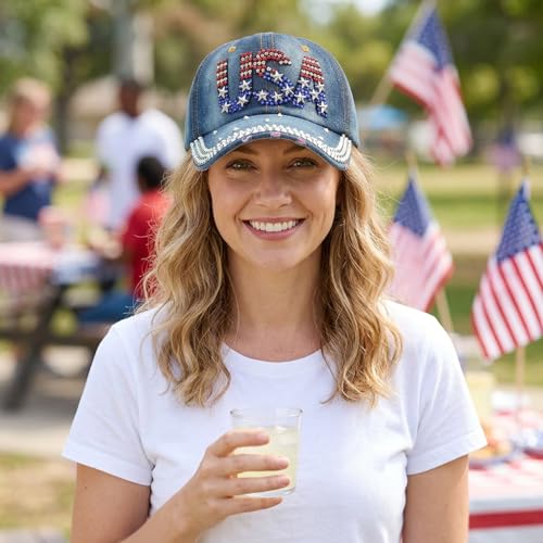 Image of American Flag Caps USA Baseball Caps Bling Sparkle Independence Day 4th of July Hats Adjustable Cotton Stars Stripes Ball Cap