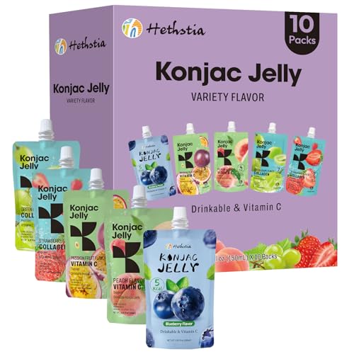 Hethstia Konjac Jelly Variety Pack, 10 Pouches Drinkable Jelly– Blueberry, Peach, Passion Fruit, Green Grape, Strawberry – Low Calorie Snack with Vitamin C, Keto, Gluten-Free, On-the-Go Heal