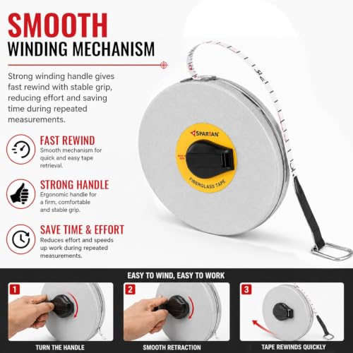 Image of SPARTAN FT30 Fiberglass Top Line Measuring Tape - 30m /100ft || Case Reinforced with Stainless Steel Band || Durable Winding Mechanism Handle and Stainless Steel Mouth with End Hook