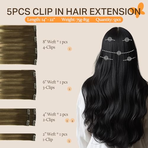Image of DOORES Hair Extensions Clip Ins Human Hair Extensions, 5pc 75g 16 Inch Balayage Walnut Brown to Ash Brown and Bleach Blonde Clip in Hair Extensions Real Human Hair Natural Straight