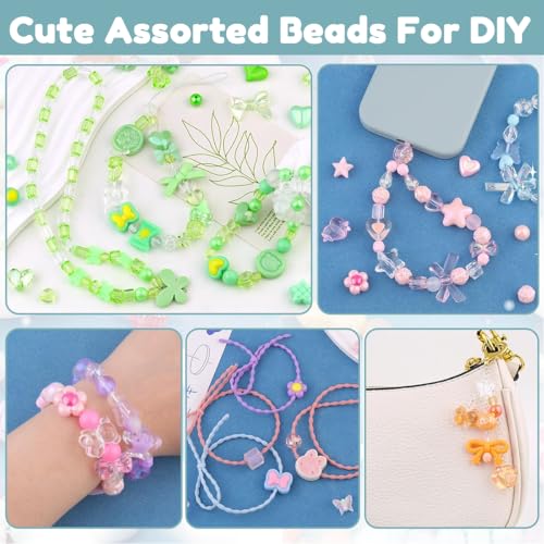 Image of SANNIDHI Charm Beads for Bracelet Making Kit with Charms,Assorted Spacer Beads Jewellery for Making,Color Bow Flower Butterfly Star Heart Cute Bead Women Girls DIY Phone Charm Crafts (1 Pack)