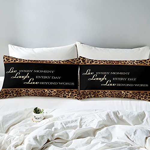Vivihome 3Pcs Leopard Print Duvet Cover Queen Set, Live Laugh Love Motivational Quotes Brown Cheetah Black Bedding Set Comforter Cover Modern Bedroom Decor Inspirational Gifts For Women, 2 Pillowcases #TOP3