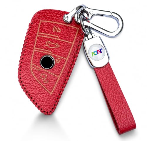 Image of JVCV Soft Handmade Lychee Pattern Leather Key Cover Compatible with BMW X1, X3, X6, X5, 5 Series, 6 Series, 7 Series 4 Button Blade Smart Key | Premium Leather Protective Case (Red)