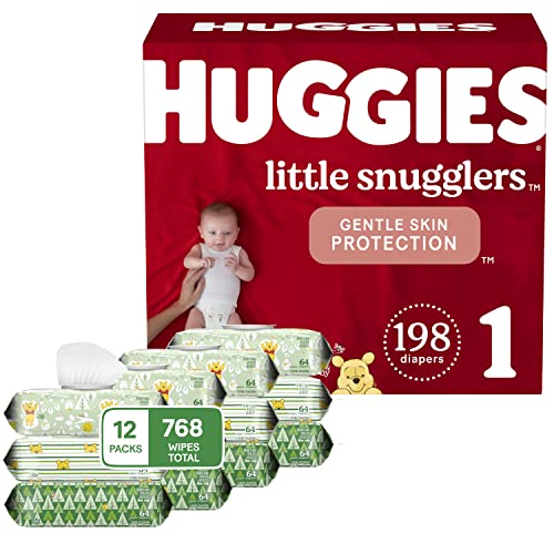 Image of HUGGIES Baby Diapers and Wipes Bundle: Little Snugglers Baby Diapers, Size 1, 198 Ct, One Month Supply & Natural Care Sensitive Baby Wipes, Unscented, 12 Flip-Top Packs (768 Wipes Total)