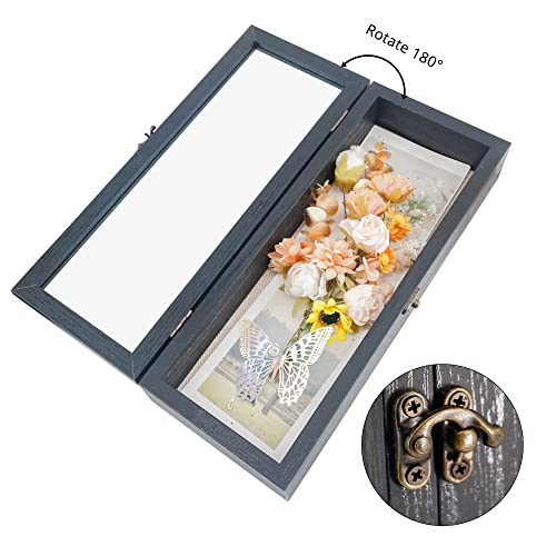 Image of GraduationMall 5x12.5 Wood Shadow Box Frame Glass Door Display Case with Linen Back and 6 Stick Pins,1.5 inches Interior Depth,Ideal for Memorabilia Pictures Flowers Medals Tickets Rustic Black