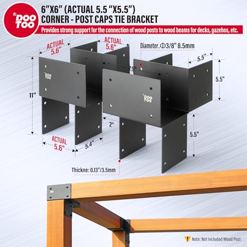 DOOTOO 4pcs 6x6(Actual Post/5.5"x5.5" Beams/5.5"x5.5") Post Cap Tie Bracket, Heavy Duty Stainless Steel Wood Beam Support Bracket, Corner Post Brackets for Pergolas, Gazebos, Decks and Porches(Black) - Image 3