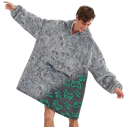 Fiosnow Glow in the Dark Game Controller Blanket Hoodies for Women and Men Adult Oversize Wearable Blanket Hoodies for Soft and Warm