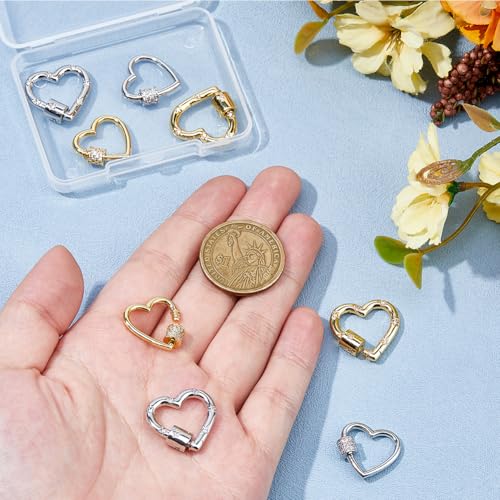 Hobbspring 8Pcs Brass Screw Carabiner Lock Charms 2 Colors Heart Lock Clasps Micro Pave Cubic Zirconia Carabiner Lock for Keychain Clip Hook Necklace Jewelry Making - Image 3