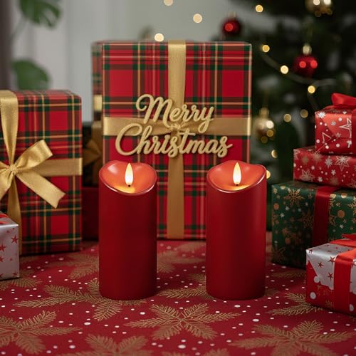 Image of Raycare 8 inchx3 inch Outdoor Waterproof Flameless Candles with Remote and Timer, Battery Operated LED Electric Fake Pillar Candle for Valentine's Day, Home, Wedding Decor, Red, Set of 2